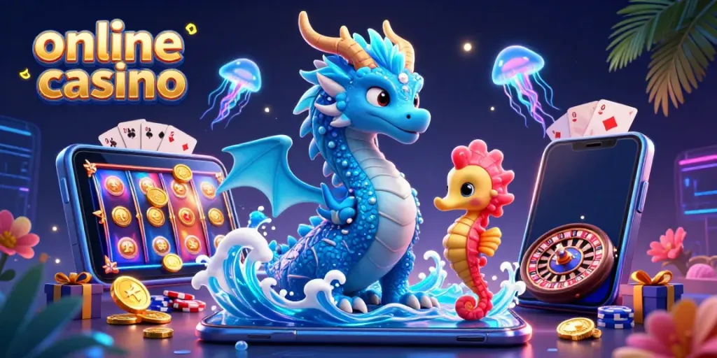 Experience the excitement of an online casino featuring a dragon and seahorse championing the gaming adventure.