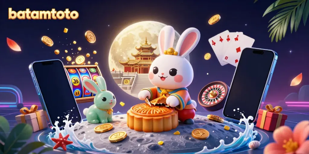 Experience batamtoto excitement with a vibrant 3D scene of a moon rabbit, poker chips, and casino games.