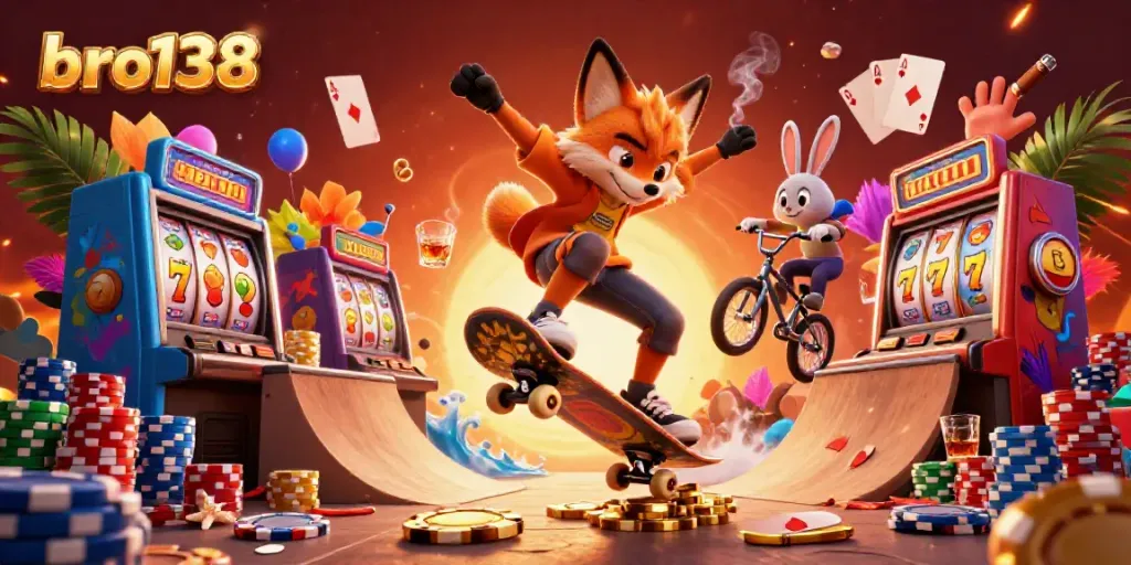 Experience thrilling gameplay at bro138 with a dynamic scene featuring a skateboarder fox and BMX rabbit in a colorful casino atmosphere.