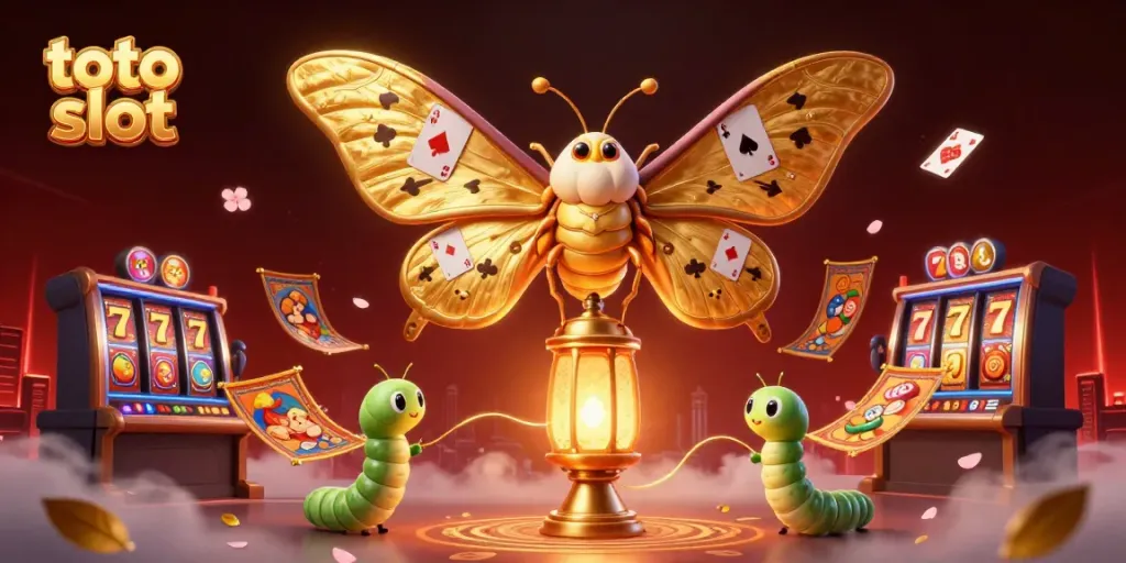 Engage with toto slot gaming as vibrant golden butterflies adorn a lavish casino scene.
