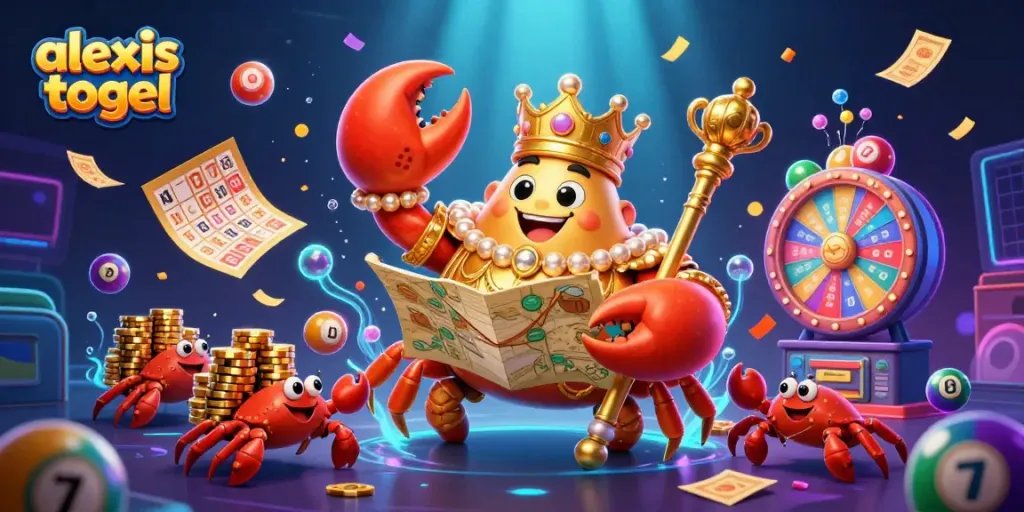 Berpartisipasi dalam alexis togel dengan karakter kepiting emas dan elemen lotere yang ceria.
