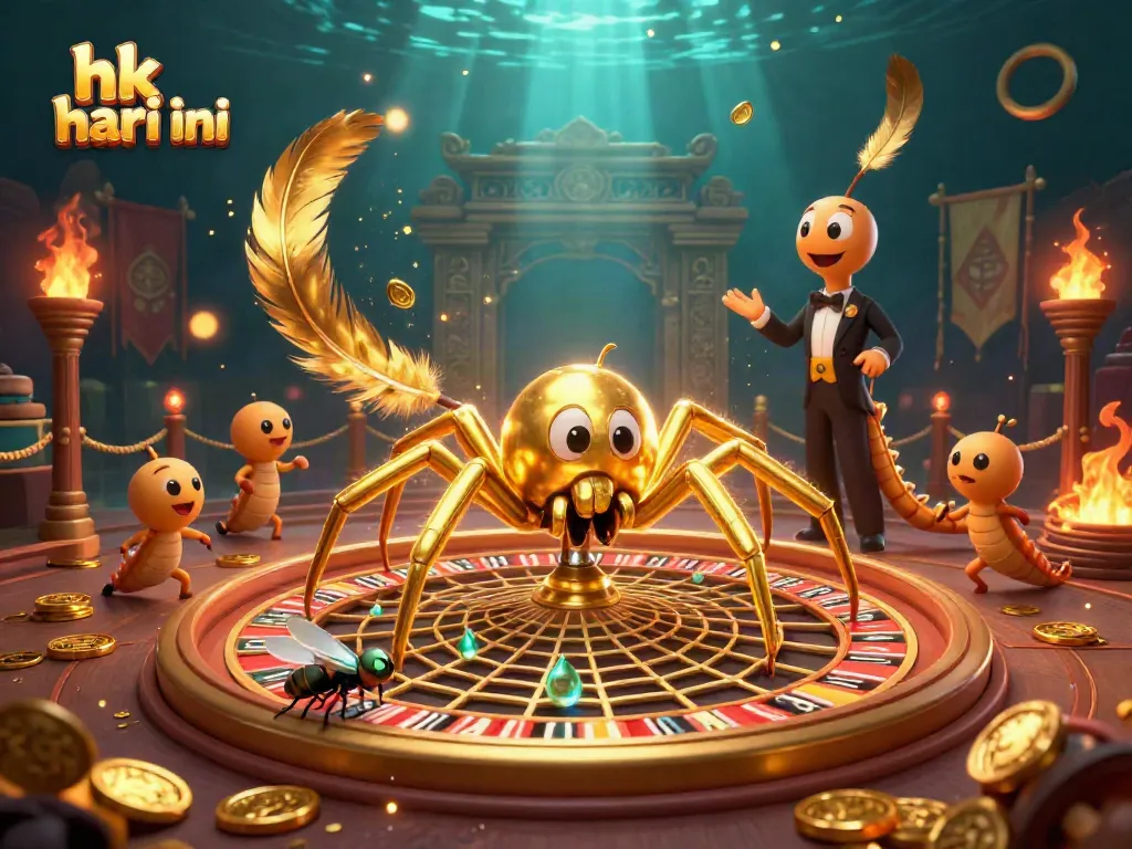 Keluaran hk hari ini: ilustrasi bergaya 3D menunjukkan laba-laba emas dan juru croupier bersiap untuk pengundian.