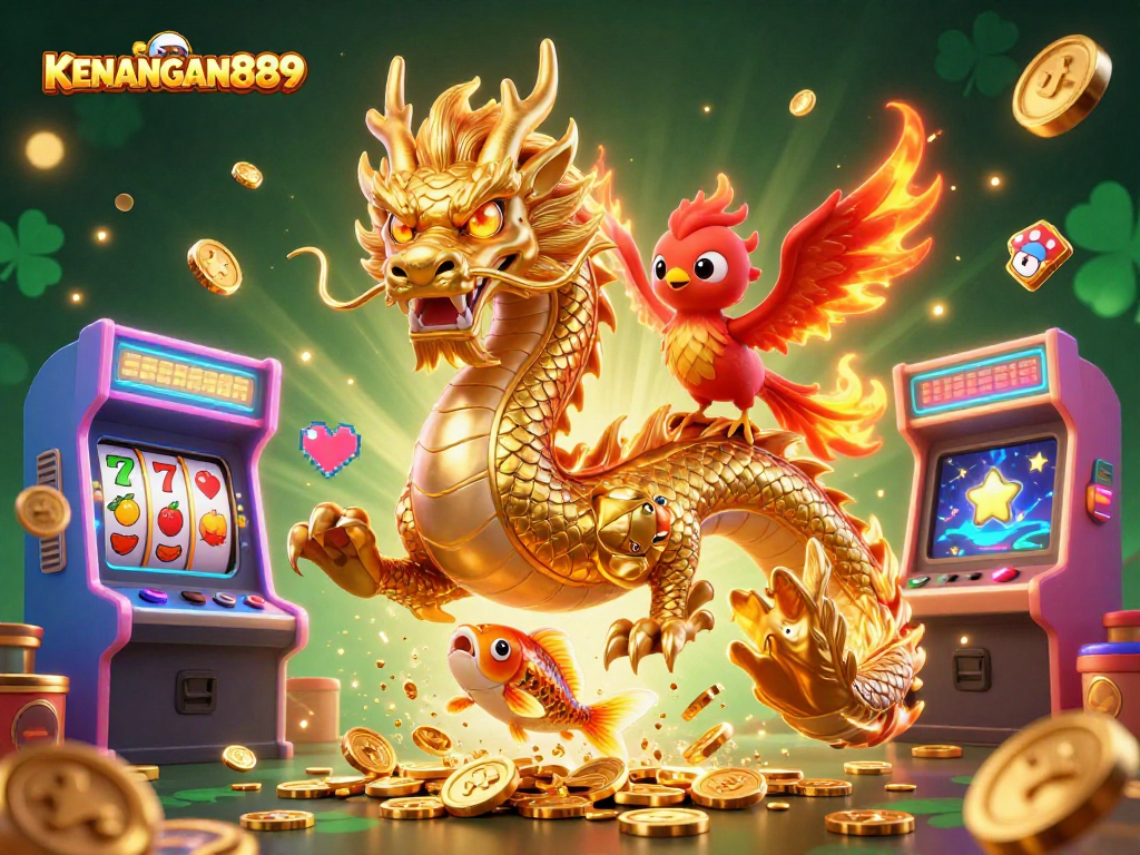 Play with excitement at KENANGAN889's vibrant 3D casino scene featuring dragons and treasures.