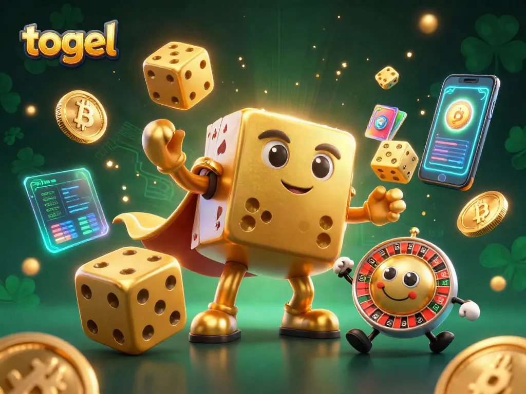 Menggulung dadu emas yang penuh keberuntungan dalam permainan togel, dikelilingi simbol cryptocurrency digital.