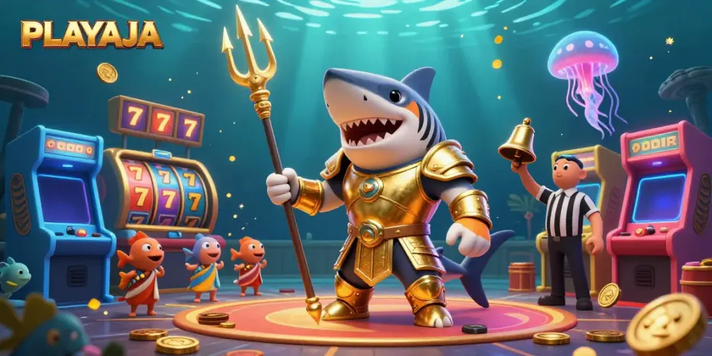 Experience the excitement of PLAYAJA in an underwater casino scene with spinning slot reels and vibrant colors.