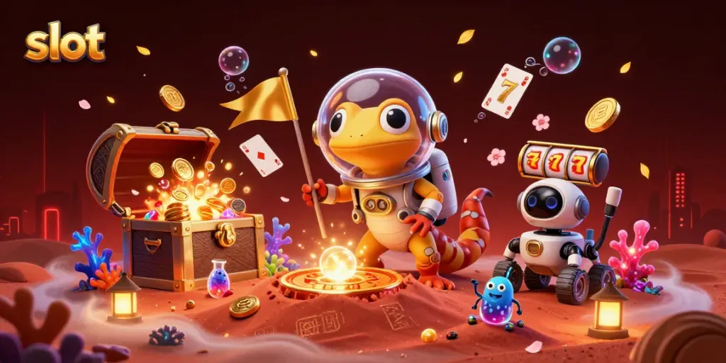 Slot teratas menampilkan emosi gecko Martian di kasino emas dengan gulungan slot dan simbol keberuntungan.