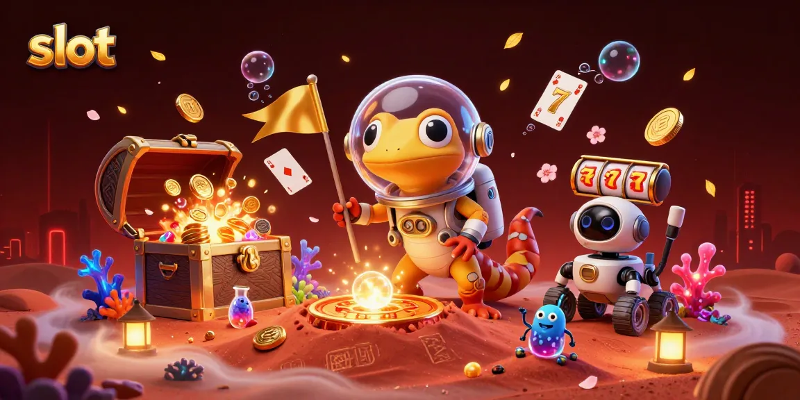 Slot teratas menampilkan emosi gecko Martian di kasino emas dengan gulungan slot dan simbol keberuntungan.