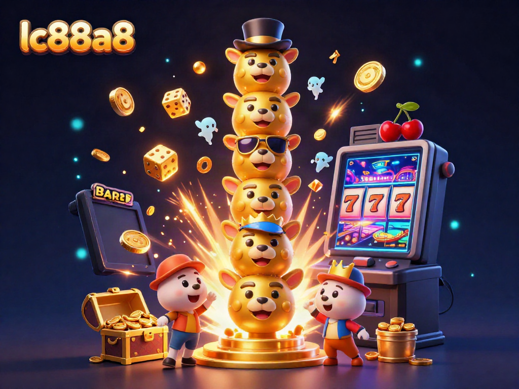 Win big with lc88a8's exciting slots in a thrilling casino atmosphere, full of vibrant elements.
