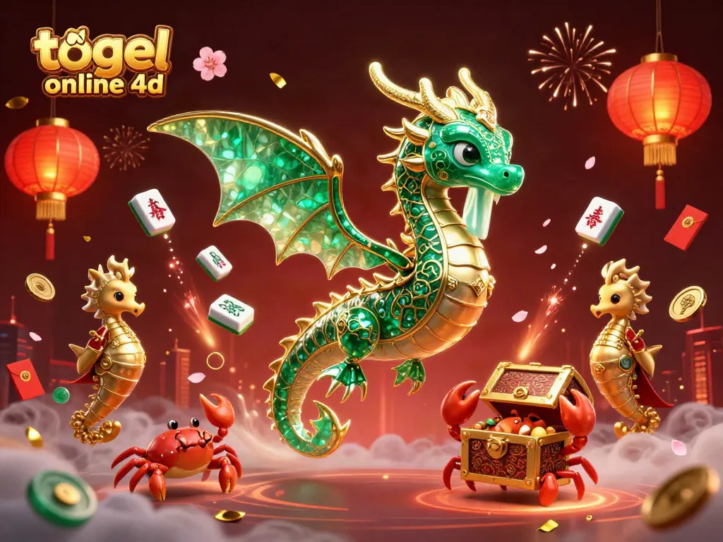 Menghidupkan togel online 4d dengan ilustrasi penuh warna, menampilkan naga laut berkilau dan harta karun ditengah elemen permainan yang meriah.