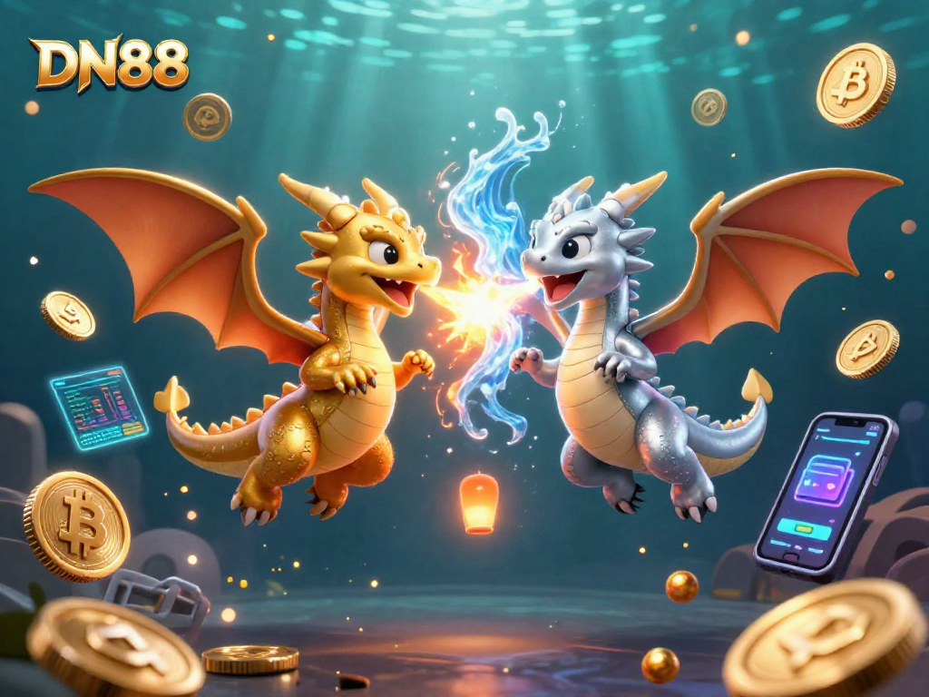 Discover epic moments at DN88 with 3D dragons and crypto symbols in a vibrant casino scene.