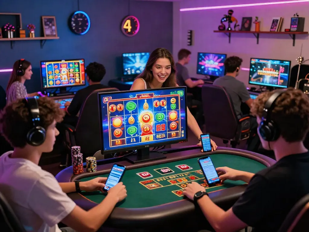 Engaged group of players enjoying Seributoto online gaming experience with vibrant graphics and cozy setting.