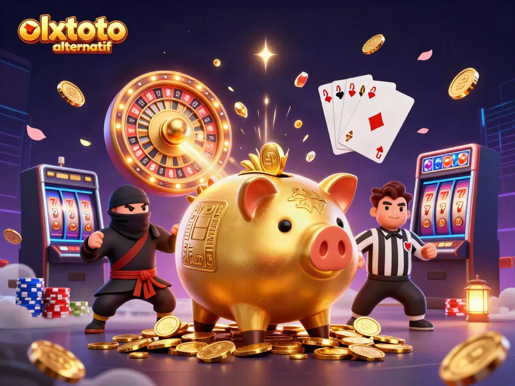 Experience exciting gameplay with olxtoto alternatif showcased in a dynamic 3D illustration with gold coins and gaming elements.