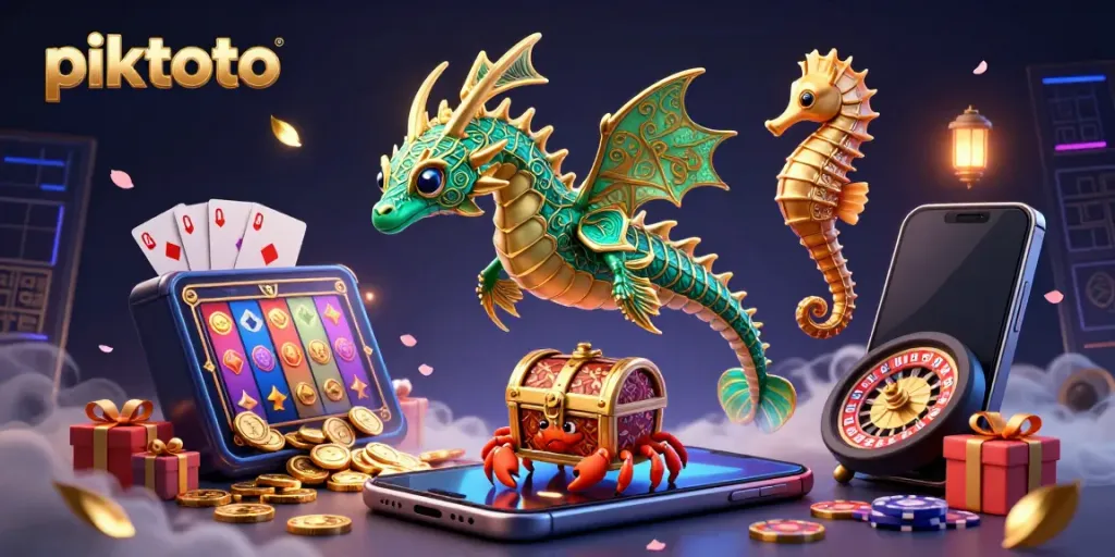 Piktoto showcases a vibrant scene with a leafy sea dragon, slots, and treasure chests in an enchanting casino world.