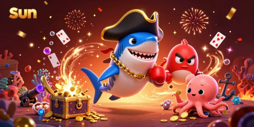 Join the sun's treasure-seeking adventure with a playful shark, pufferfish, and octopus in a vibrant casino world.