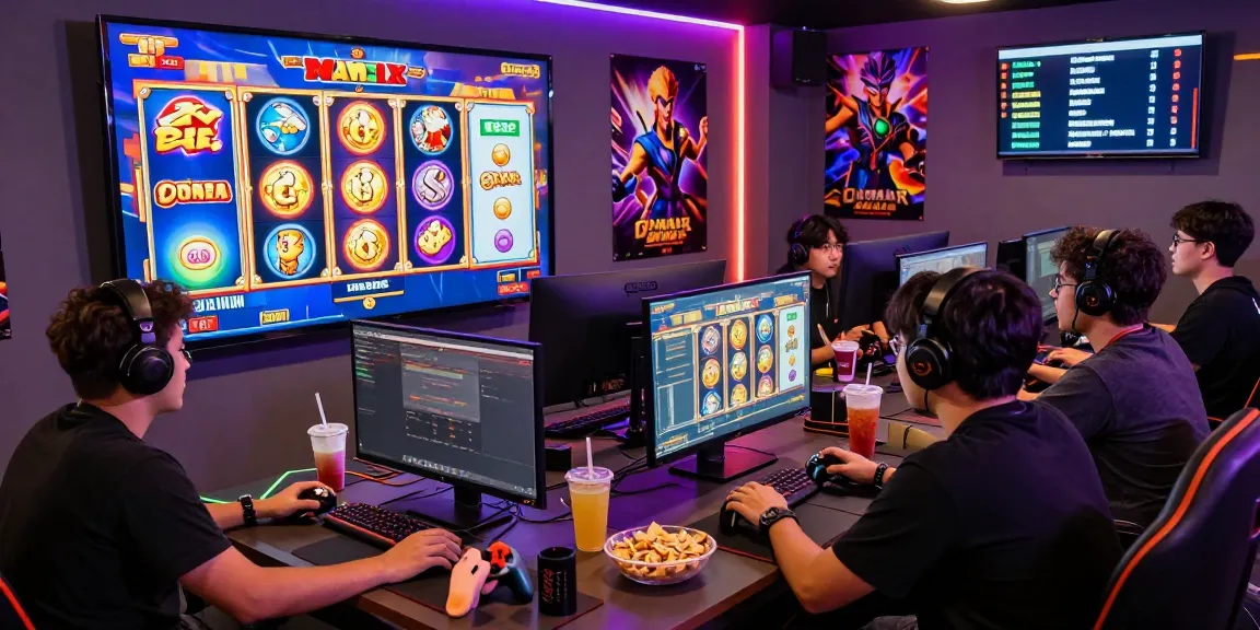 Engaging online gaming moment with players enjoying slot raffi ahmad, vibrant atmosphere, colorful screens, and snacks.