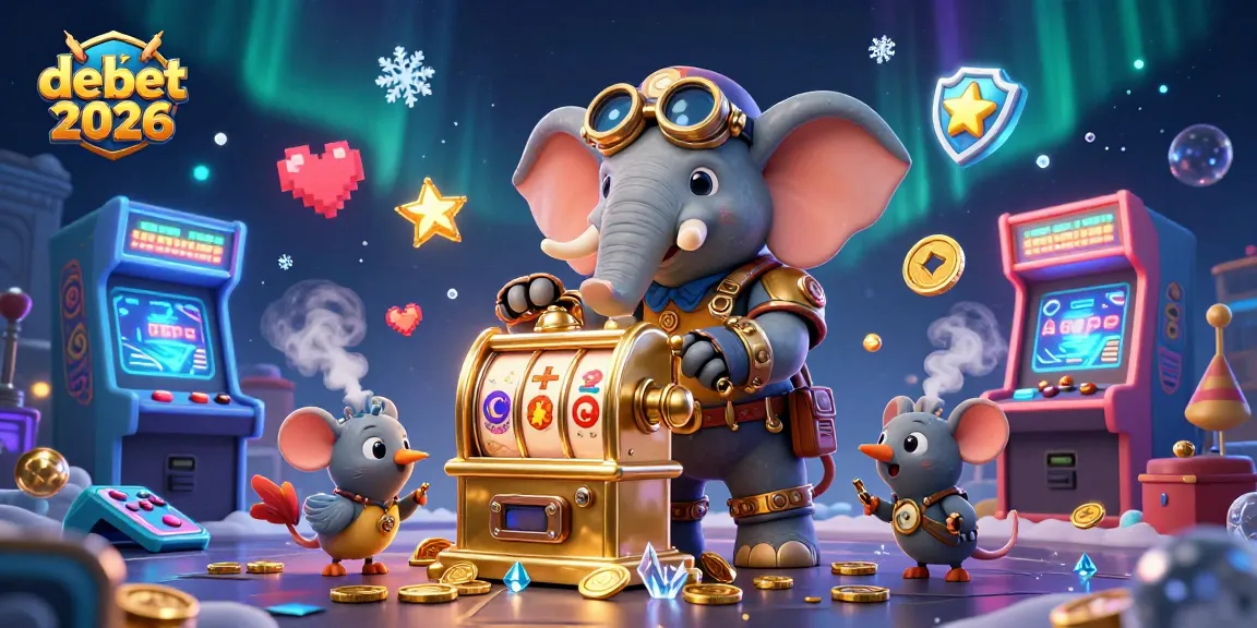 Spin the golden slot machine with debet2026's animated steampunk elephant engineer amidst a vibrant casino scene.