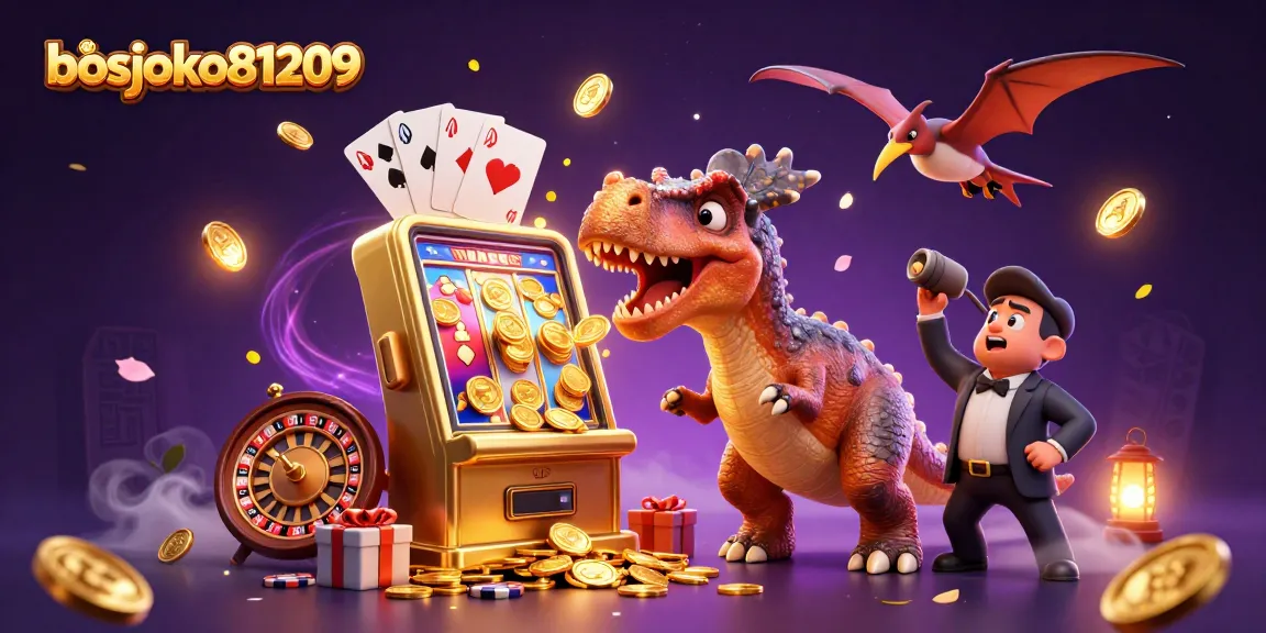 Bosjoko81209 menyajikan ilustrasi kasino 3D dengan dinosaurus dan mesin slot jackpot.