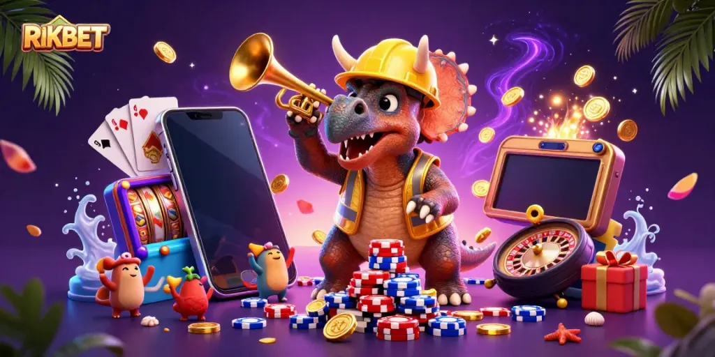 Experience thrilling gameplay at RIKBET with vibrant animation of casino elements and joyful characters.