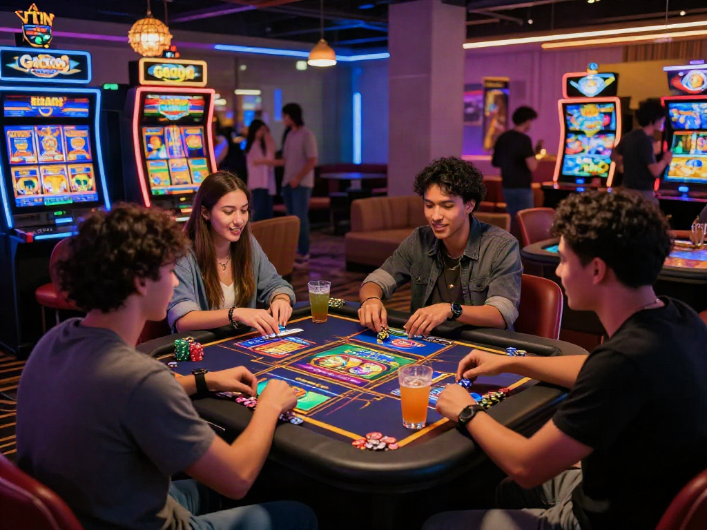 Friends enjoying slot gacor games in a vibrant online gaming lounge with neon lights