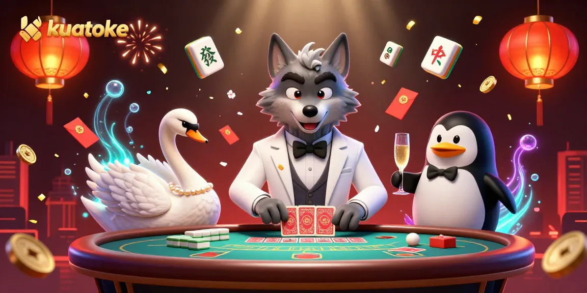 kuatoke casino scene featuring a wolf, swan, and penguin in a vibrant baccarat setup