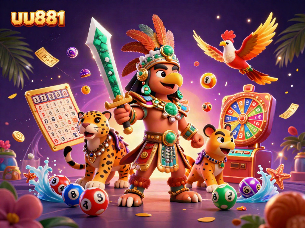 Engage in fun and dynamic gaming actions with uu881, surrounded by lottery balls and vibrant prizes.