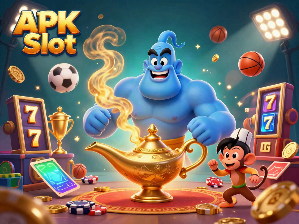 Engage with APK Slot gameplay through an exciting illustration featuring a genie, monkey, and magic carpet.
