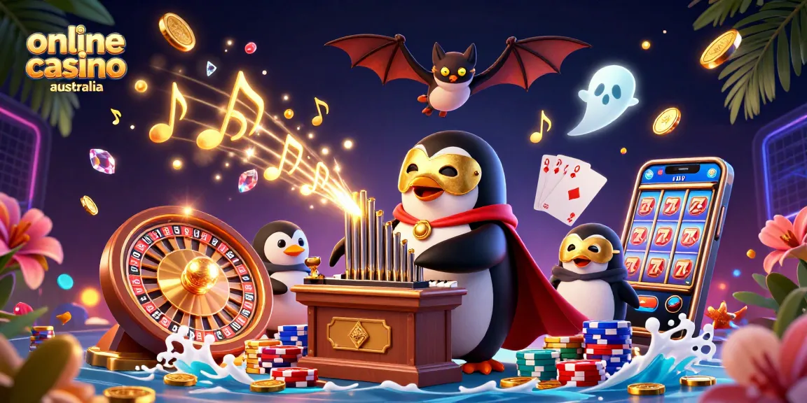 Play thrilling games at online casino australia with a 3D penguin organist shooting golden coins.