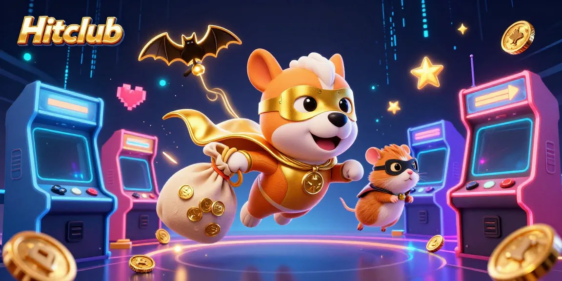 Hitclub showcases an exciting 3D scene with a superhero dog and hamster flying above arcade games and poker chips.