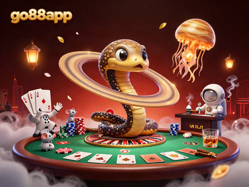 Play exciting games at go88app with vibrant casino elements featuring unique cosmic characters.
