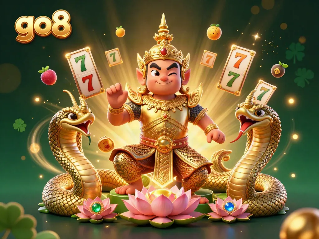 Spin and win at go8 with a vibrant illustration of a Thai guardian, Naga companions, and slot symbols.