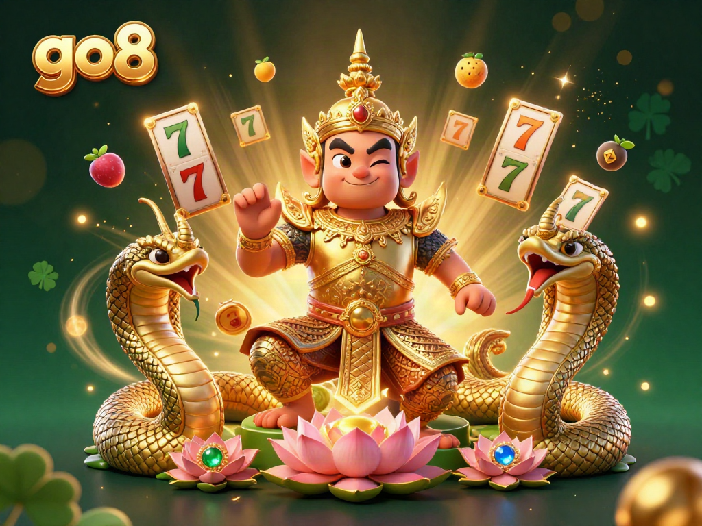 Spin and win at go8 with a vibrant illustration of a Thai guardian, Naga companions, and slot symbols.