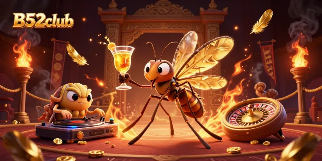 Experience the excitement of B52club with lively characters and casino elements in vibrant 3D illustration.