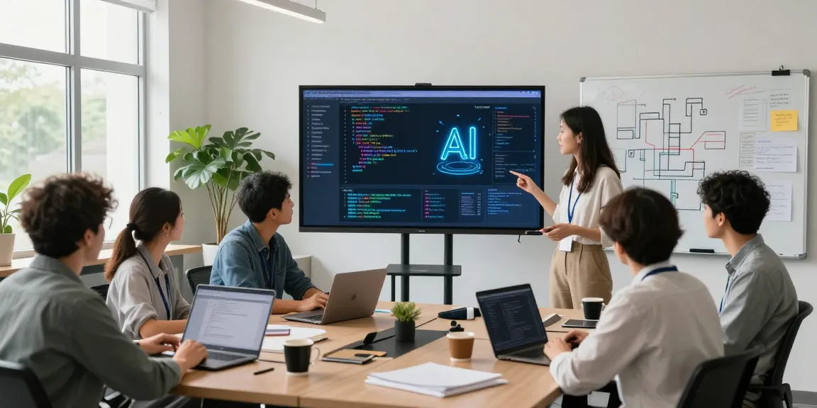 A collaborative workspace with engineers discussing AI agents, featuring screens with dynamic interfaces and vibrant atmosphere.