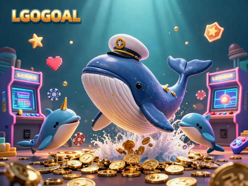 Engage with LGOGOAL through this vibrant underwater scene of a playful whale amidst casino-themed elements.