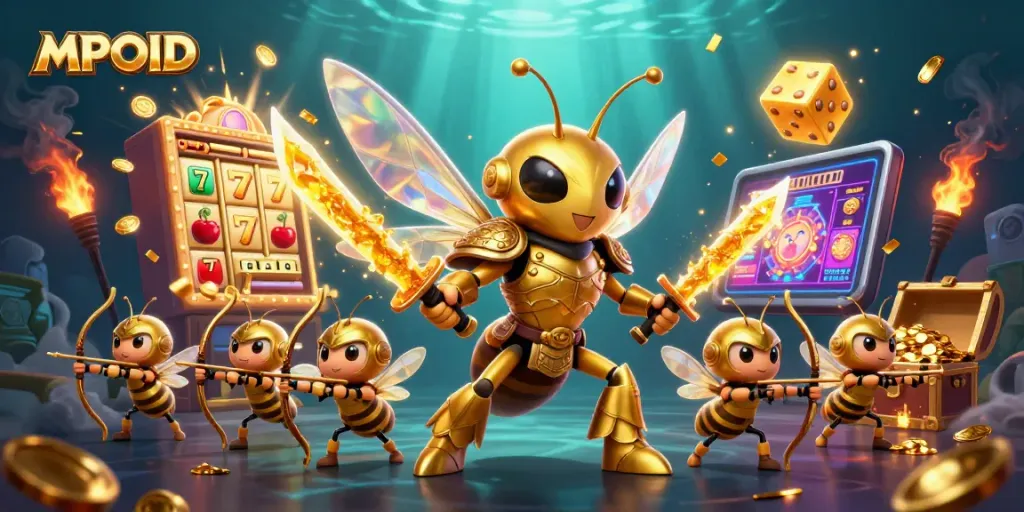 MPOID captures the dynamic essence of casino excitement with a golden hornet warrior amidst jackpot symbols and treasures.