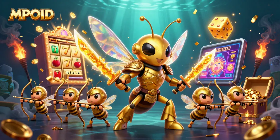 MPOID captures the dynamic essence of casino excitement with a golden hornet warrior amidst jackpot symbols and treasures.