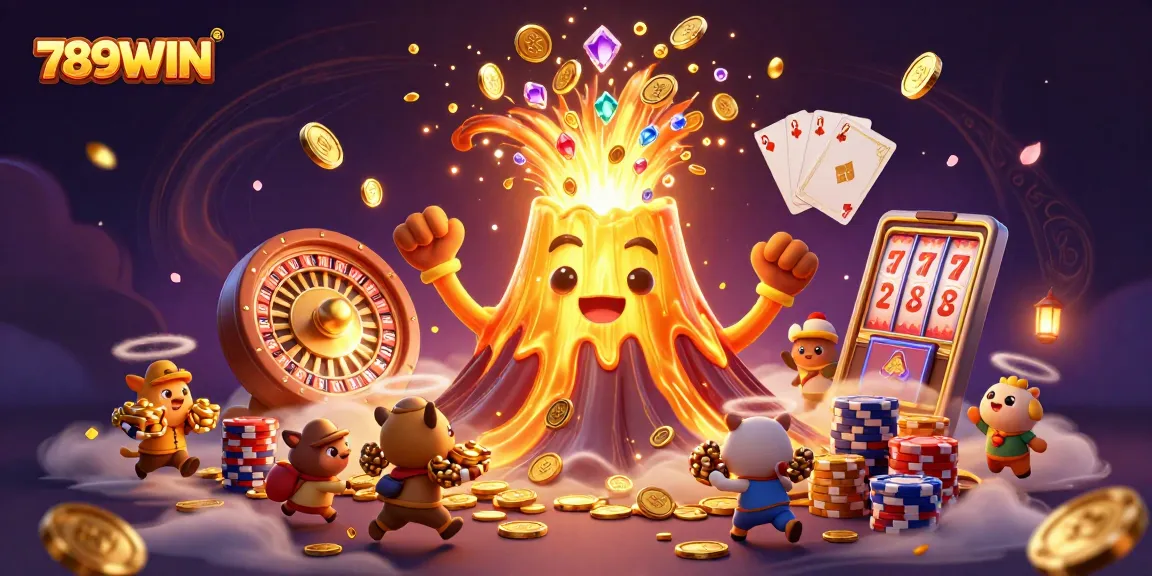 Experience thrilling wins at 789WIN with vibrant casino games and treasures flying around.