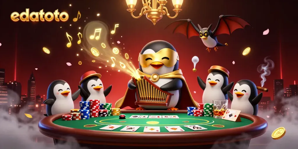 Play and win with edatoto's lively casino scene featuring a penguin organist and acrobat.