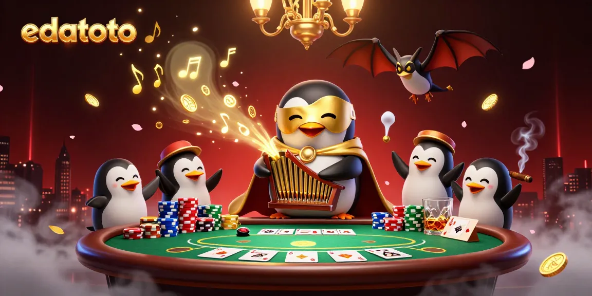 Play and win with edatoto's lively casino scene featuring a penguin organist and acrobat.