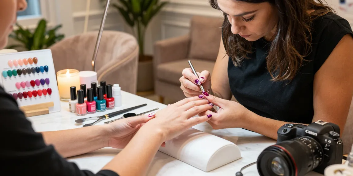 LUXURY12 layanan manicure mewah dengan berbagai pilihan cat kuku berkilau, suasana salon yang elegan.