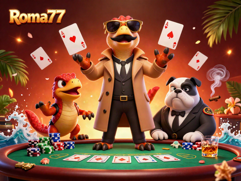 Join the fun at Roma77 with raptors dressed in disguise entering a casino lounge.