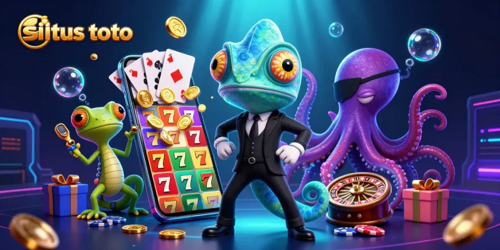 Visualisasi situs toto dengan agen chameleon dalam misi kasino, dikelilingi slot, koin emas, dan kartu bermain.