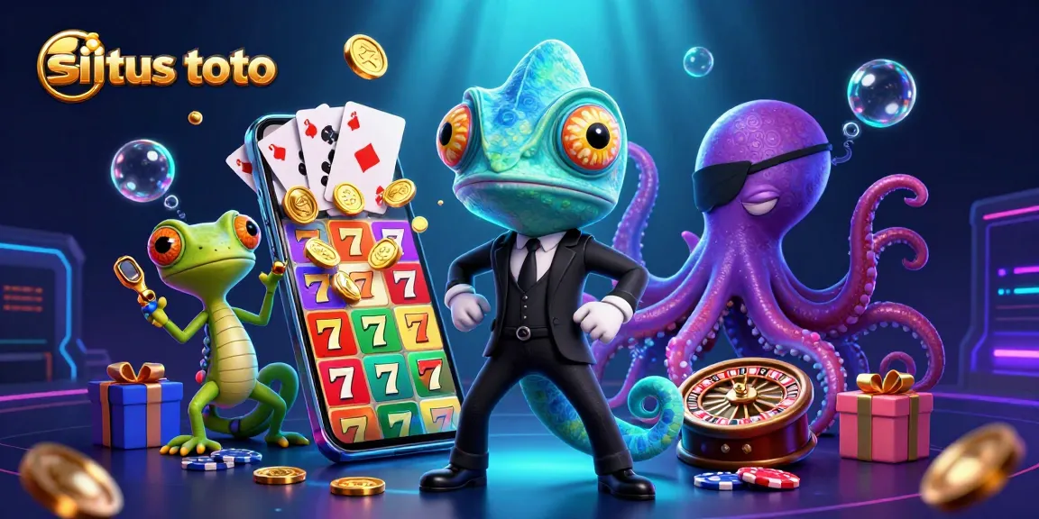 Visualisasi situs toto dengan agen chameleon dalam misi kasino, dikelilingi slot, koin emas, dan kartu bermain.