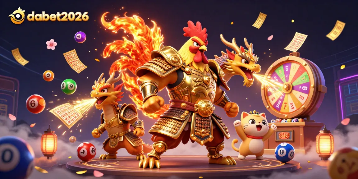 Experience dabet2026 excitement with a dynamic illustration of a rooster warrior and dragon amidst vibrant gaming elements.