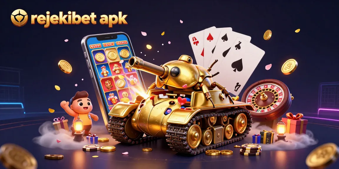 Play popular games on rejekibet apk as golden coins erupt, surrounded by colorful slots and vibrant casino elements.