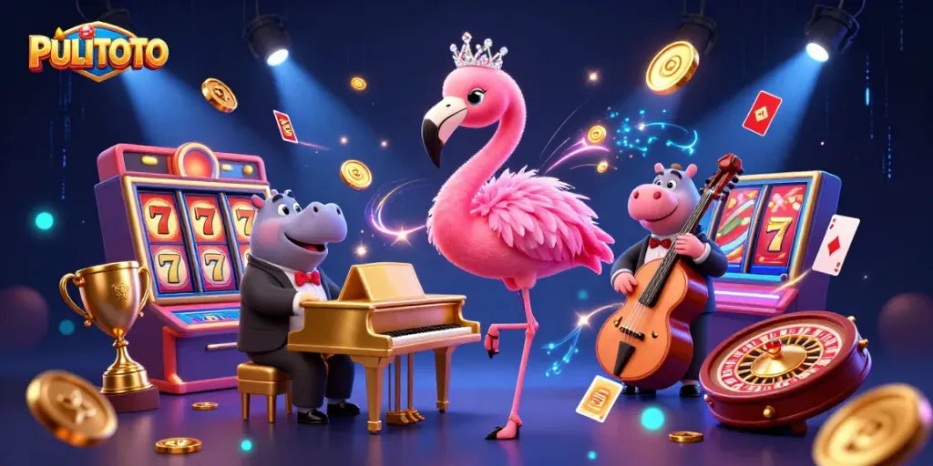 PULITOTO showcases a vibrant casino scene with a flamingo singer and hippo bassist amidst slot reels and gold coins.