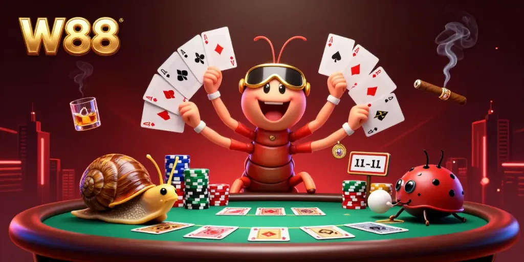 W88 dealer showcasing vibrant poker scene with charming characters and intense game action.