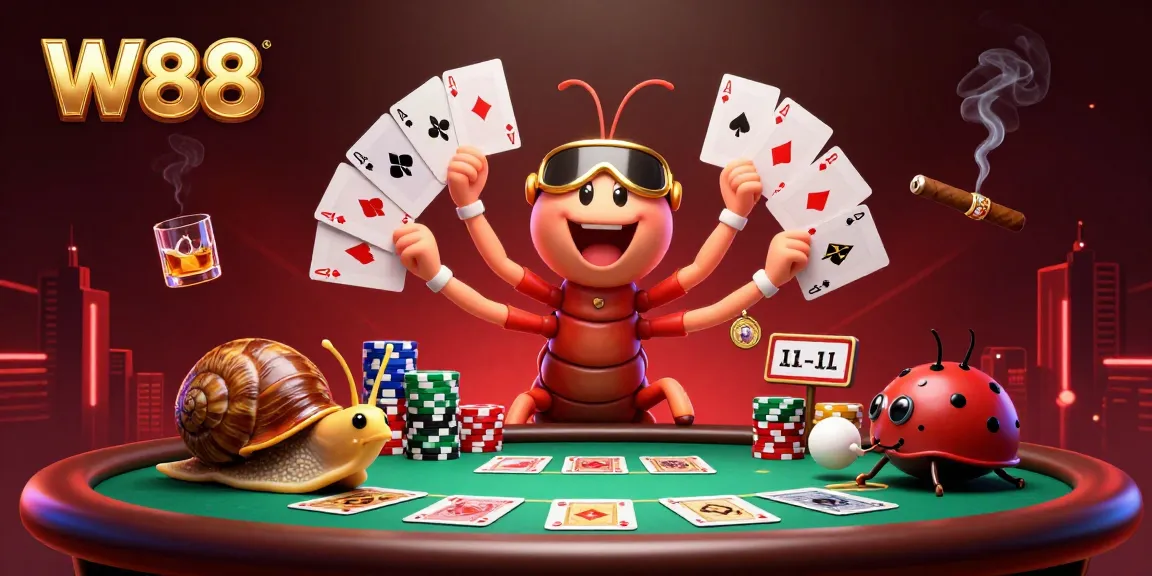 W88 dealer showcasing vibrant poker scene with charming characters and intense game action.