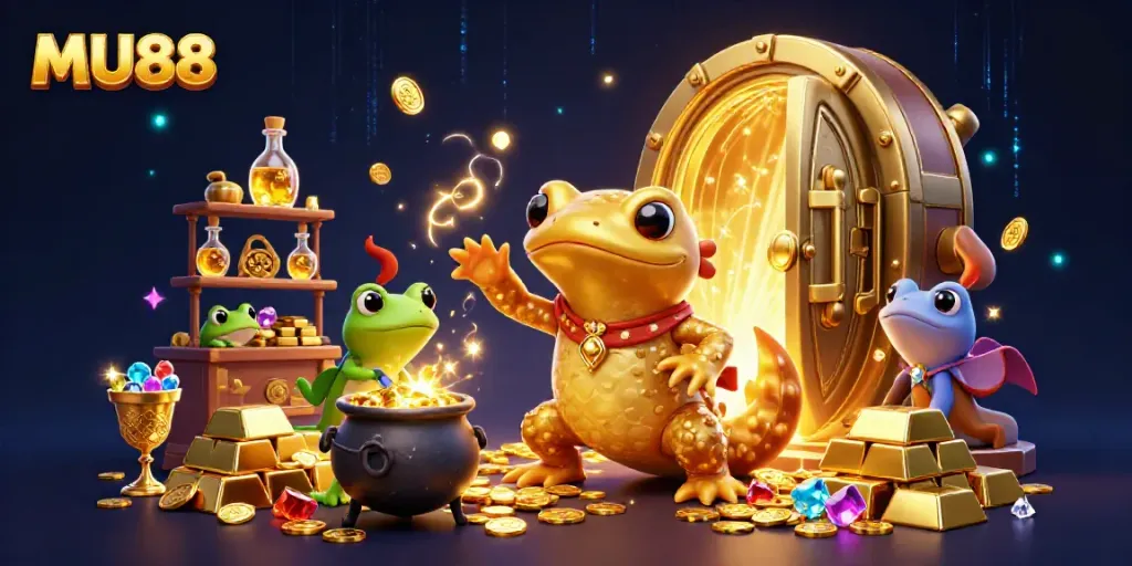 Experience MU88 with a golden salamander alchemist crafting wealth in a magical casino lab.