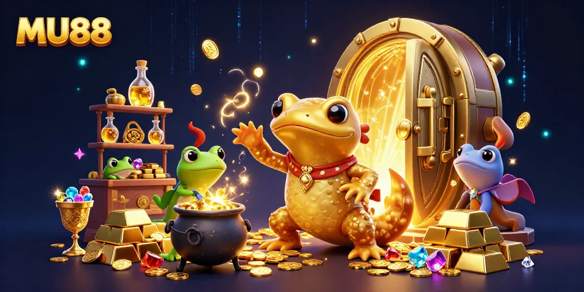 Experience MU88 with a golden salamander alchemist crafting wealth in a magical casino lab.